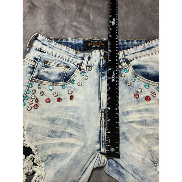 Majestik Jeans Mens Size 30/32 Light Wash Blue Slim Straight Studded Distressed - Picture 10 of 12